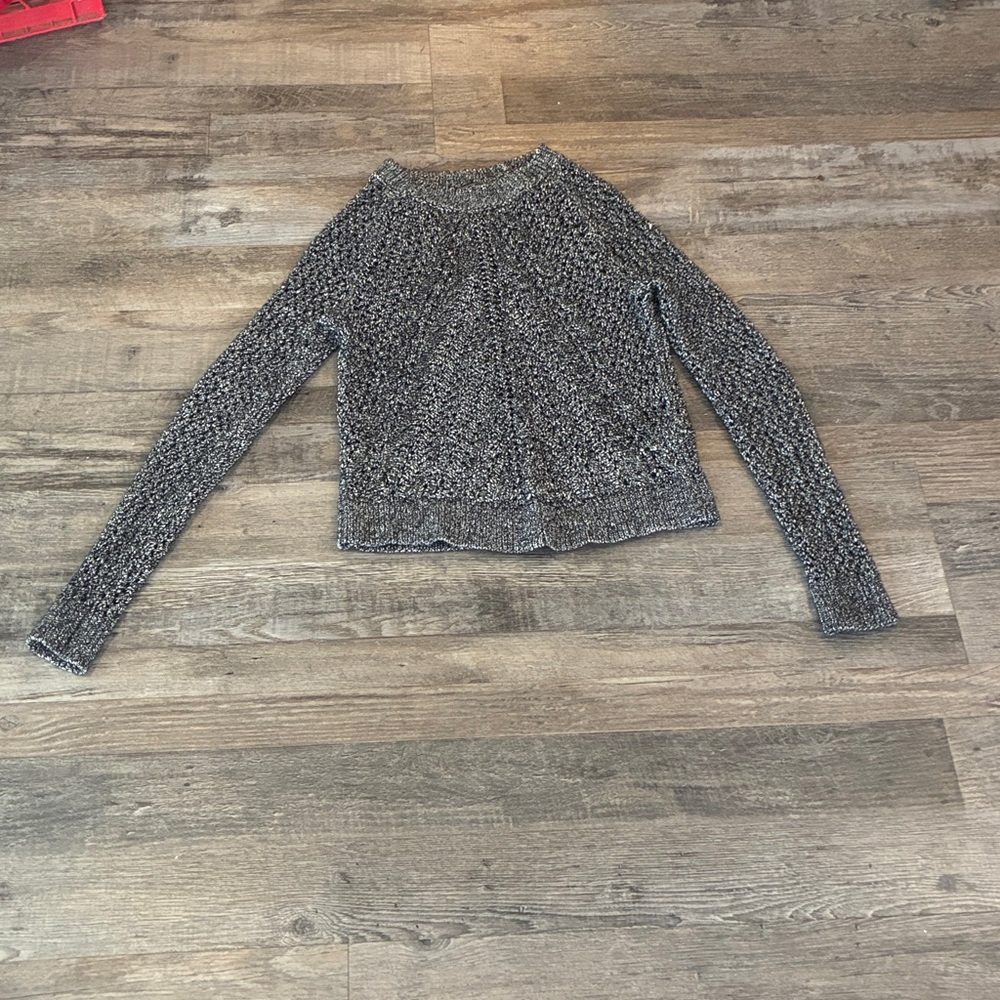 Lucky Brand Black and Silver Metallic Knit Sweater Excellent Cond Size XL